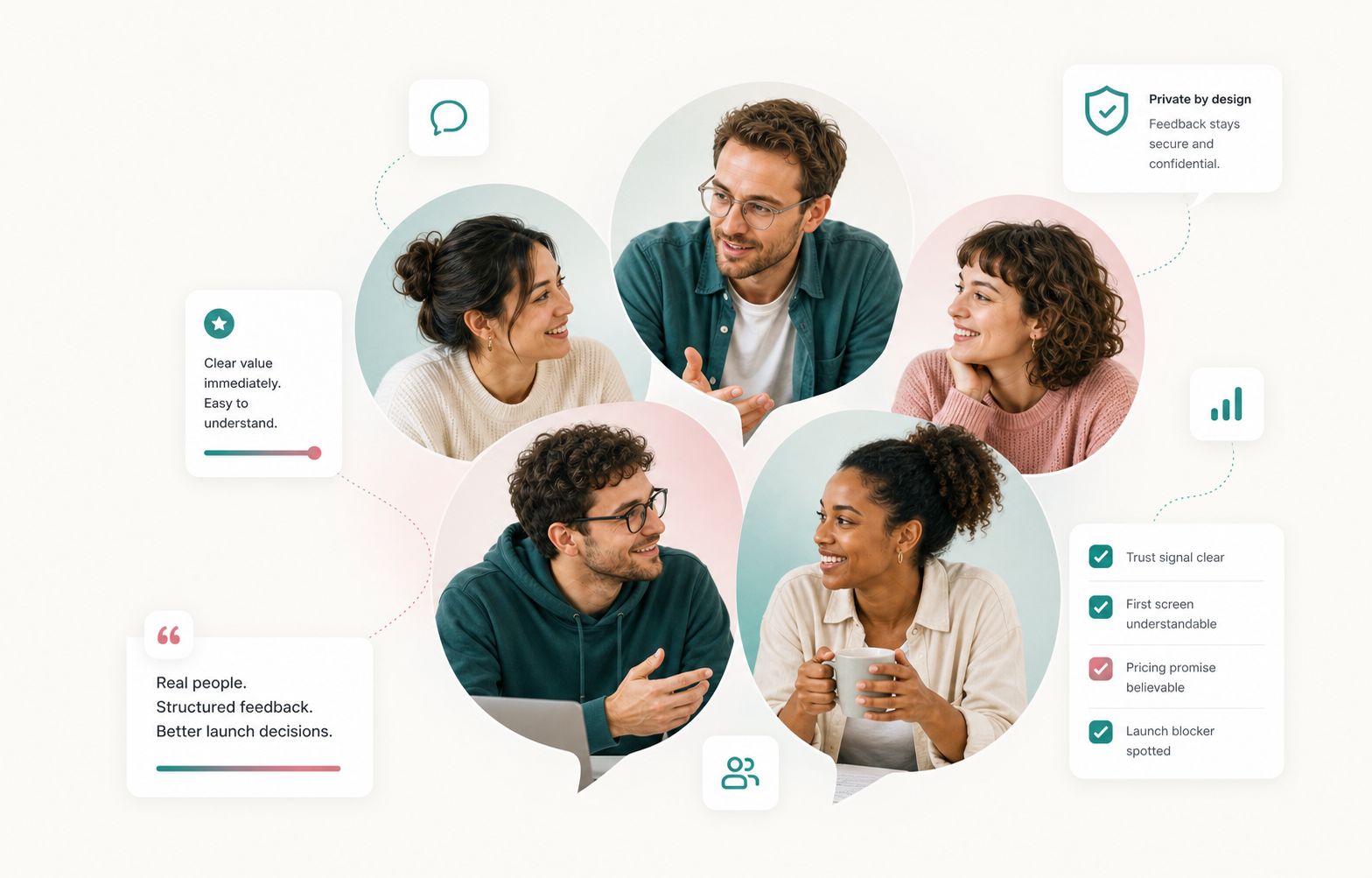 People reviewing an AI-built product with structured feedback cards